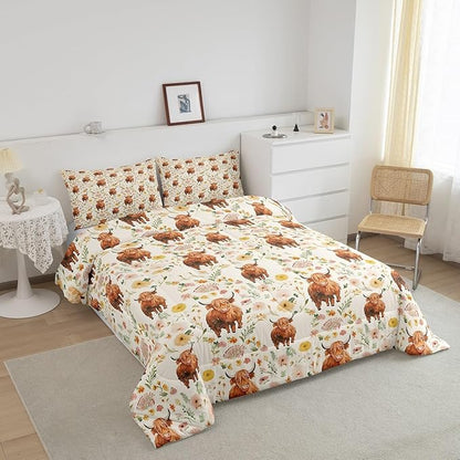 Feelyou Highland Cow Comforter Set for Girls Boys Kids Toddler Size Soft Animal Comforter Room Decor Western Decor Bedding Set Straw Yellow Duvet Set
