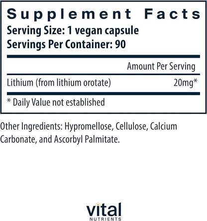 Vital Nutrients Lithium Orotate 20mg | Vegan Lithium Supplements for Memory, State of Mind, and Behavioral Health* | Gluten, Dairy, Soy Free | 90 Capsules
