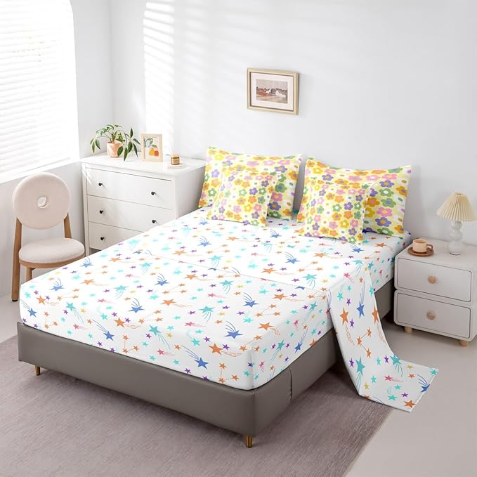 Feelyou Cute Flower 7 Piece Bedding Set Colorful Floral Comforter Set with Sheets for Kids Boys Girls Kawaii Theme Bed in a Bag Yellow Bed Set Soft Lightweight