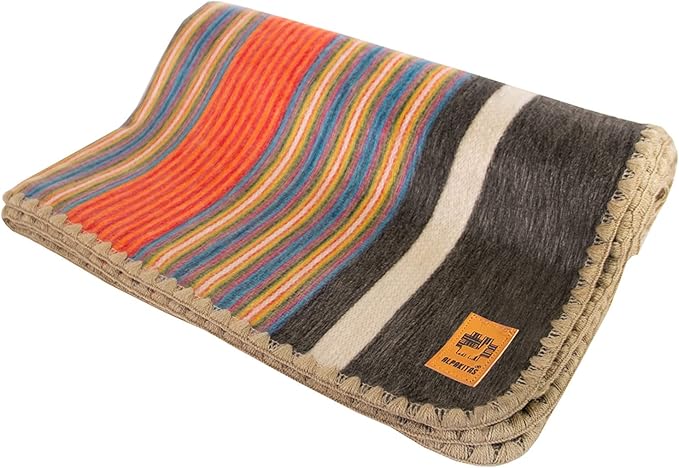 Alpaca Wool Blanket – Twin Size, 75 x 38 Inches – Warm & Lightweight – Couch, Bed, or Outdoor Blanket – Orange & Blue