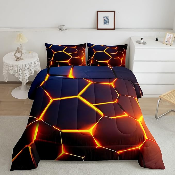 Honeycomb Print Bedding Set Red Black Fire Hexagonal Pattern Comforter Set for Kids Boys Girls Teens Beehive Geometrical Comforter Breathable Simplistic Duvet Set Room Decor Quilt Set Queen Size
