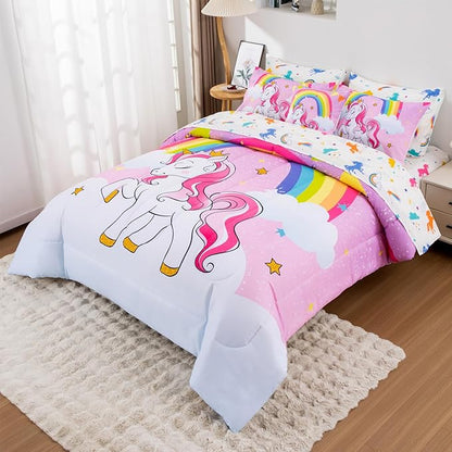 Unicorn Queen Bedding Sets for Girls Kids Teens, 8 Piece Bed in a Bag Purple Rainbow Theme Unicorn Comforter Set Bedroom Decor with Printed Sheet Set