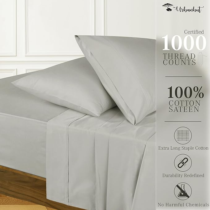 URBANHUT 1000 Thread Count Egyptian Cotton Sheets Full Size, Breathable Long Staple, 4 Pc Bed Sheet Sets, Luxury Hotel Sateen Sheets Fits 16" Deep Pocket - Silver Grey