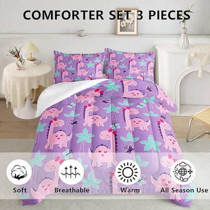 Axolotl Purple Dinosaur Comforter Set King Size,Cute Dinosaur Girls Bedding,Cartoon Dinosaurs Bedding Set for Girls Teens,Kawaii Dino Animal Kids Comforter for Boys Adults,1 Quilt 2 Pillow Cases