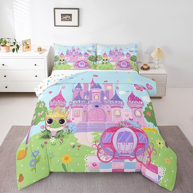 jejeloiu Cartoon Castle Bedding Set Full Size Girls Pink Green Comforter Set for Kids Teens Princess Style Duvet Set Pumpkin Carriage Quilt Set 3Pcs