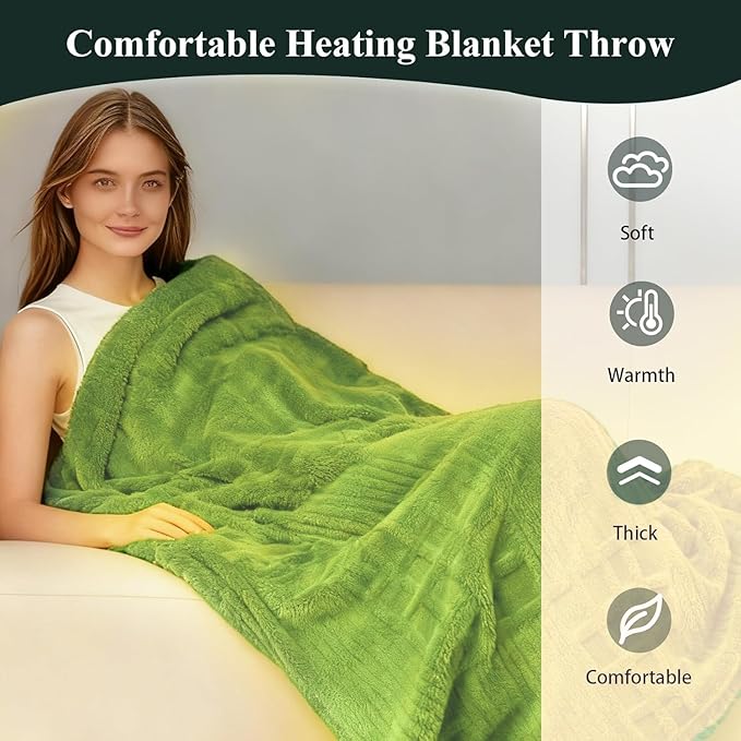 Heated Blanket Electric Throw, 50"X60" Heating Blanket Waffle with 12 Heat Levels, Fast Heating Blanket with 1-12H Timer, Overheat Protection with ETL & FCC for Bed Home Office Sofa (Tender Green）
