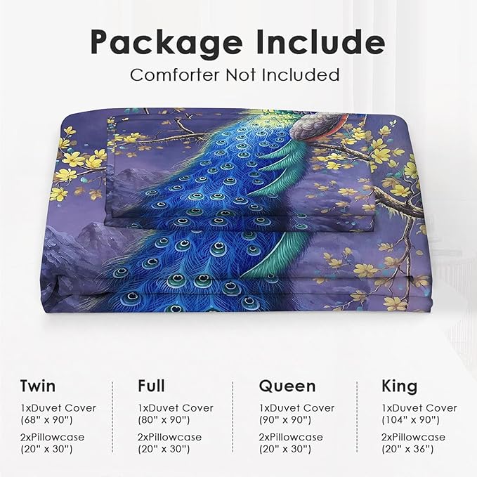Peacock Theme 3 Pieces Duvet Cover Comforter Set with 2 Pillowcase Full Size Purple Peacock Bed Sheet Quilt Bedroom Bedding for Lover Kids