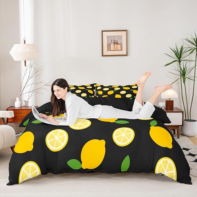 Lemon Duvet Cover Sets Full,Tropical Fruit Leaves Bedding Set 3pcs for Kids Teens Boys Girls Room Decor,Botanical Natural Comforter Cover Bright Yellow and Black Quilt Cover with 2 Pillowcases