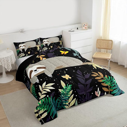 Feelyou Sloth Comforter Cute Sloth Bedding Set for Kids Boys Girls Galaxy Butterfly Comforter Set Botanical Leaves Inner Fill Duvet Set 1 Comforter Set with 2 Pillowcases Full Size