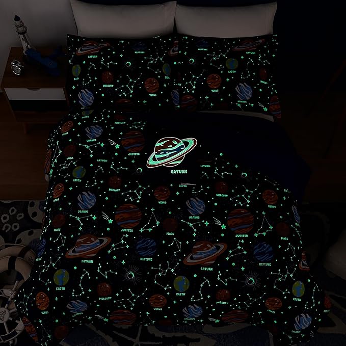 Full Size Comforter Set for Boys-4 Pieces Space Glow in The Dark Full Bedding Sets for Kids, 1 Comforter, 2 Shams and 1 Decor Pillow
