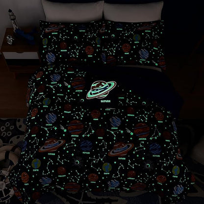 Full Size Comforter Set for Boys-4 Pieces Space Glow in The Dark Full Bedding Sets for Kids, 1 Comforter, 2 Shams and 1 Decor Pillow