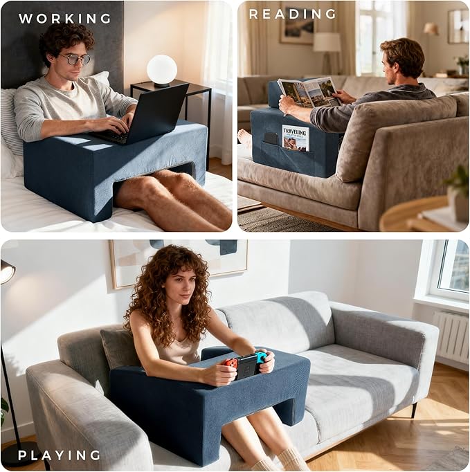 Reading Pillow for Gaming Lap Desk Pillow for Laptop with Pocket Foldable Memory Foam Bed Desk for Reading Working Crocheting Gaming Arm Rest on Bed/Sofa/Floor/Couch/Car (Dark Grey Foldable)