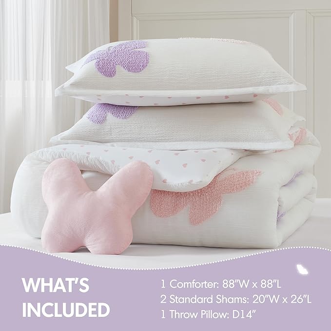 Intelligent Design Kids Rio Full/Queen Comforter Set – Girls’ Reversible Tufted Chenille Bedding with Pastel Purple Butterflies and Pink Dot, 4pcs