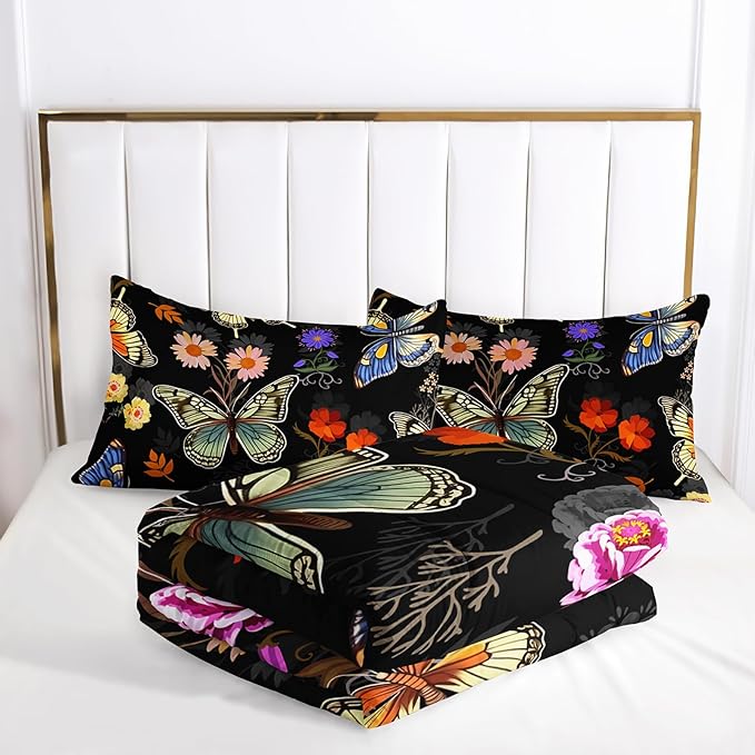 Black Floral Comforter Set Twin Size, Colorful Butterfly and Flowers Bedding Set, Soft Polyester Quilt Set with 2 Pillowcases
