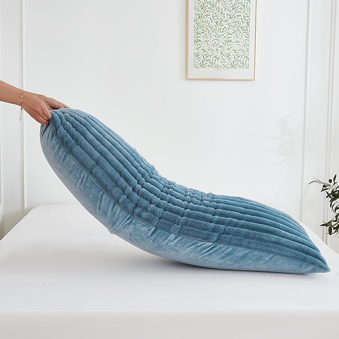 Full Body Pillow with Fluffy Stripe Faux Fur Removable Cover, Long Bed Pillow Adult 20x54 Inches for Side Sleeper and Pregnancy, Dusty Blue.