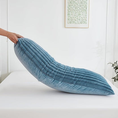 Full Body Pillow with Fluffy Stripe Faux Fur Removable Cover, Long Bed Pillow Adult 20x54 Inches for Side Sleeper and Pregnancy, Dusty Blue.