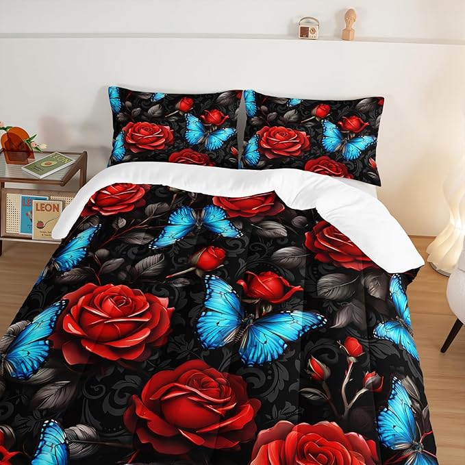 Black Red Rose Comforter Sets,Blue Butterfly Comforter Set Full Bedding Sets for Girls Women Bedroom Decor,Romantic Floral Themed Bedding Soft Lightweight Comforter Sets with 2 Pillowcases.