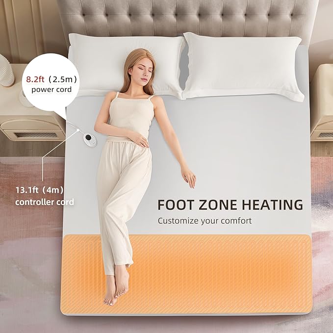Bwarm Waterproof Heated Mattress Pad, ETL Certified Bed Warmer with 9 Heat Settings, 1-12 Hours Auto Off Deep Pocket, Machine Washable, White Foot King 78" W x 24" L