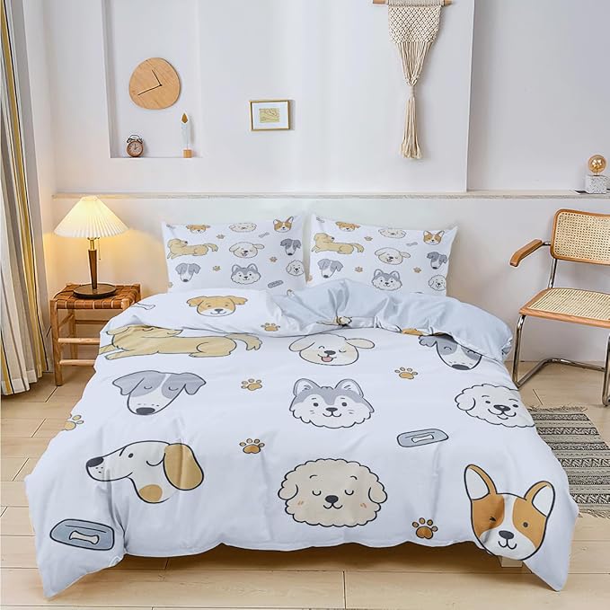 Blue Dog Duvet Cover Sets King Size for Kids Boys Girls Teens, Cute Cartoon Comforter Cover with 1 Duvet Cover 79x90 Inches and 2 Pillowcases 20x26 Inches (King,No Comforter)
