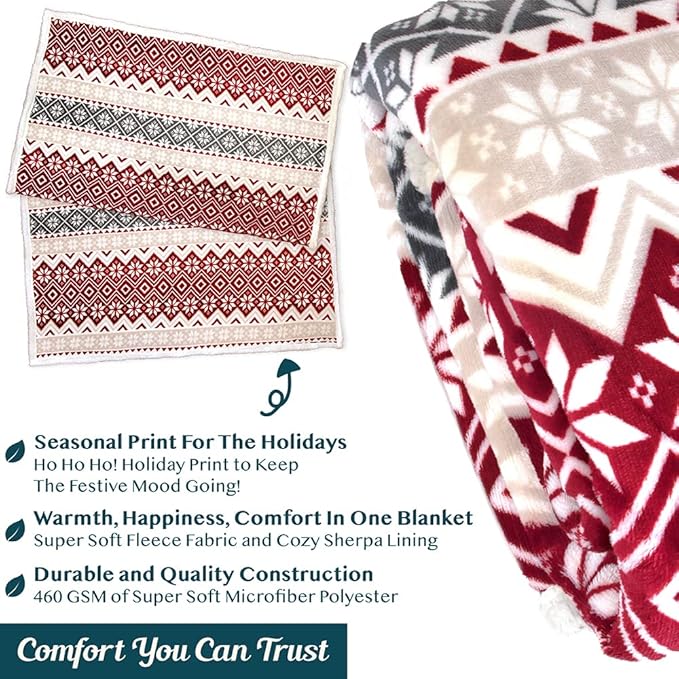 PAVILIA Premium Christmas Sherpa Throw Blanket, Red White Snowflake Holiday Blanket, Ultra-Soft Reversible Fleece Winter Throw for Home Decoration, Cozy Plush 60x80