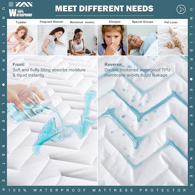 Cal King Size Waterproof Mattress Protector Quilted, Breathable Ultra-Soft Filling Mattress Pad, Fitted Deep Pocket Mattress Cover Fits 6''-25'' Mattress White