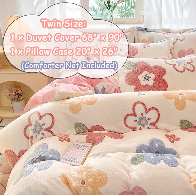 Twin Bedding Sets, Pink Duvet Cover Set, Ultra Soft Fluffy Comforter Covers Kawaii Cute Bedding Sets for Girl Kids (Flower, Twin)