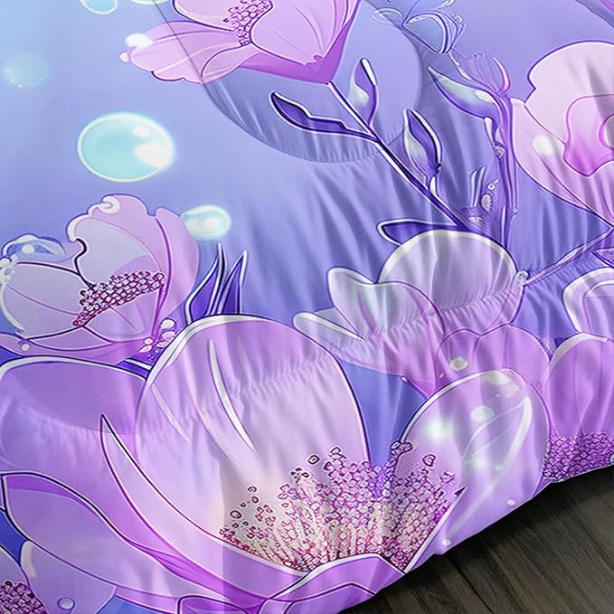 Pretty Mermaid Comforter Queen for Girls Kids, Mermaid Fish Scale Floral Pattern Bedding for Girls Bedroom Decor, Ocean Themed Comforter Bedding Set with 2 Pillowcases