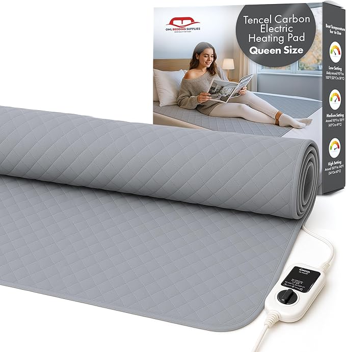 GML Bedding Heated Mattress Pad Bed Warmer - Electric Tencel Heating Portable Mat Waterproof Cover with 5 Heat Levels, 15-Hour Automatic Power-Off, Washable Topper for Cozy Warm Bed - Queen Size 71x55