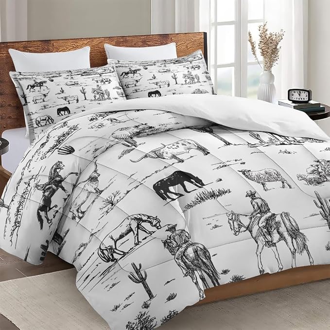 King Size Comforter Set with 2 Pillowcase, Cowboy Cow Farm Soft 3 Pcs Bedding for Kids and Adults, Horse Vintage Western Comforter Set for Room Bedroom Bed Decor