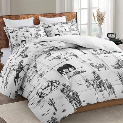 Twin Size Comforter Set with Pillowcase, Cowboy Cow Farm Soft 2 Pcs Bedding for Kids and Adults, Horse Vintage Western Comforter Set for Room Bedroom Bed Decor