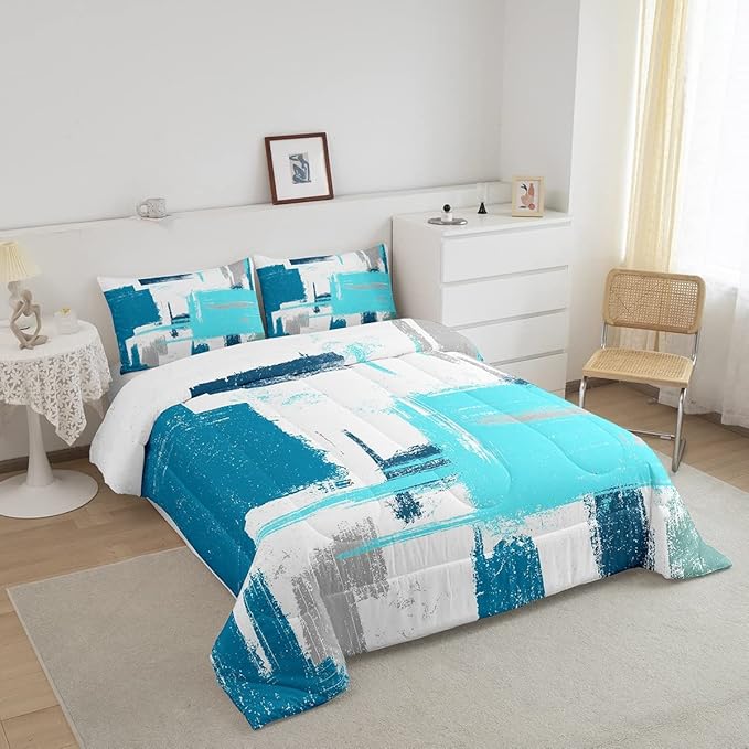Abstract Bedding Set Comforter Set for Kids Boys Girls Teens Room Decor Modern Abstract Art Comforter Teal Blue White Duvet Set 2Pcs Toddler Size