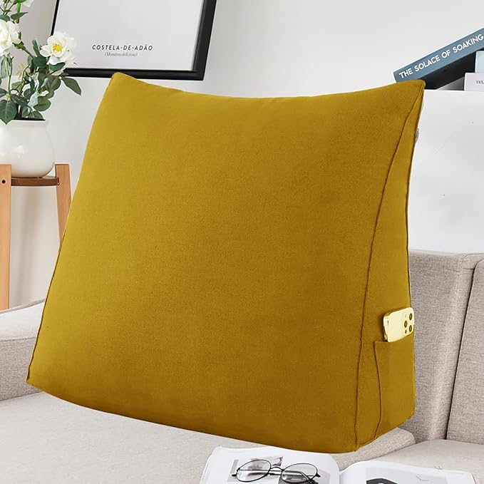 Triangular Reading Pillow Wedge Headboard Back Support Pillow for Sitting up in Bed Daybed Bolster Backrest Couch Sofa Corner Cushion Linen Yellow