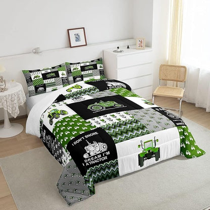 Feelyou Tractor Comforter Set Cartoon Farm Tractor Down Duvet for Kids Boys Girls Truck Car Bedding Set Harvester Excavator Comforter Green 1 Comforter Set with 2 Pillowcases King Size
