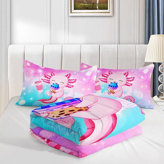Cartoon Axolotl Twin Size Comforter Set, Kawaii Milk Tea Donut Stars Pattern, Animal Themed Comforter Set with 2 Pillowcases