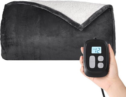 Heated Electric Blanket King Size 90''x100'', Dual Controller Soft Flannel with 10 Heat Settings 1-12 Hour Auto Off Large Blanket for Bed - Dark Gray