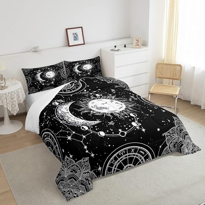 Sun and Moon Bedding Set Constellation Galaxy Comforter for Kids Boys Girls Teens Psychedelic Boho Mandala Comforter Breathable Celestial Duvet Set Black White Room Decor Quilt Cover Full Size