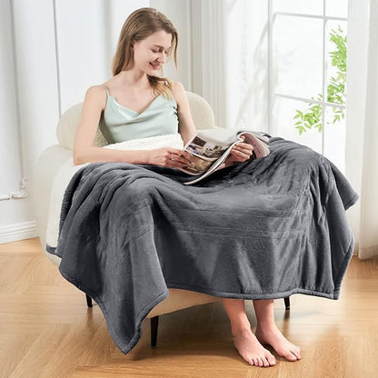 Electric Heated Blanket,Flannel & Sherpa Fast Heating Soft Fleece Heated Twin Blanket 62"x84" with 6 Heating Levels & 10H Auto Off - Grey