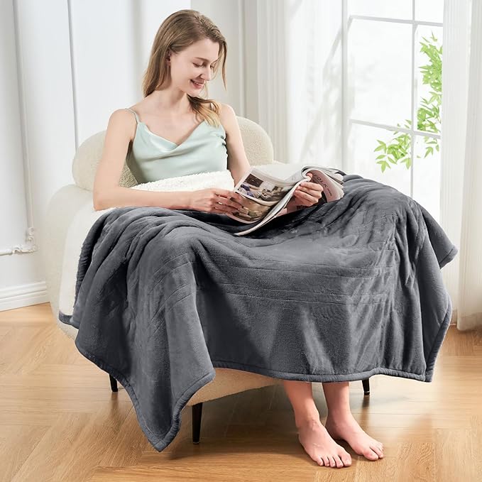 Electric Heated Blanket, Flannel & Sherpa Fast Heating Soft Fleece Heated King Blanket 90"x100" with 6 Heating Levels & 10H Auto Off - Grey