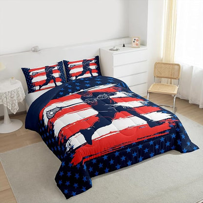 Feelyou Lacrosse Comforter Set Toddler Size Boys Gilrs American Flag Sports Theme Bedding Set for Kids Adults Ultra Soft Lacrosse Player Games Comforter Navy Blue Duvet Set Room Decor Quilt Set