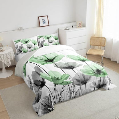 Erosebridal Green Floral Queen Comforter Set,Green and Grey Flower Bedding Set for Kids Girls Women,Vintage Flowers Country Quilt,Boho Wildflower Bedroom Decor with 2 Pillowcases,Breathable