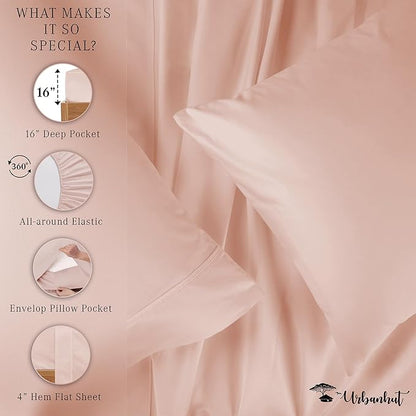 URBANHUT 1000 Thread Count Egyptian Cotton King Sheets, Long Staple Soft & Breathable, 4 Pc Bed Sheet Sets, Luxury Hotel Sateen Sheets Fits 16" Deep Pocket - Blush Pink