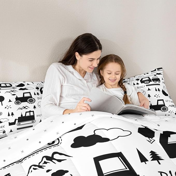 Feelyou Construction Bedding Set Twin Size Equipment Trucks Comforter Set for Kids Boys Girls Decor Cartoon Car Excavator Tractor Comforter Black White Duvet Set Bedroom Quilt Set with 1 Pillow Case