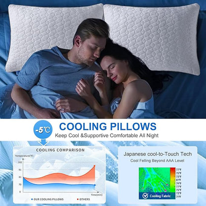 Cooling Pillows Queen Size Set of 2, Shredded Memory Foam Pillows, Adjustable Firm Bed Pillows Cool Cold Pillow for Hot Side Back Stomach Sleepers with Removable Washable Cover, 20" x 30", White