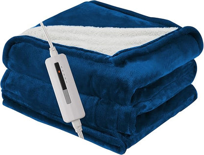 Electric Heated Blanket Twin Size 62"×84", 5 Heat Settings- 10H Auto Shut Off Flannel Material&Sheepskin Fabric, Machine Washable, Dark Blue&White