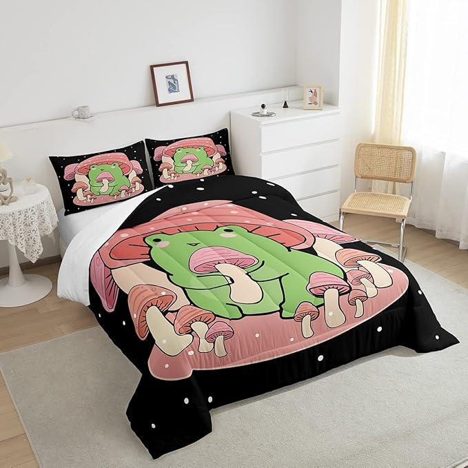 Feelyou Cartoon Mushroom Frog Bedding Set Cute Frog Comforter Set for Kids Boys Girls Natural Wild Fungus Comforter Pink Mushroom Duvet Set 1 Comforter Set with 2 Pillowcases King Size Boys
