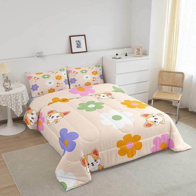 Colorful Daisy Comforter Set Twin Size 2 Pcs Cute Dog Corgi Cartoon Pet Animal Bedding Set for Kids Boys Girls Teens Watercolor Hippie Flowers Rustic Style Microfiber Duvet Set with 1 Pillowcase