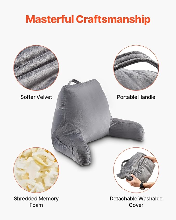 VEVOR Reading Pillow, Standard Size Back Pillow for Bed Sitting Up with 3 Pockets, Sitting Pillow for Bed with Shredded Memory Foam, Bed Chair Pillow for Watching TV, Reading, Gaming, Resting, Grey