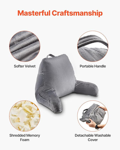 VEVOR Reading Pillow, Standard Size Back Pillow for Bed Sitting Up with 3 Pockets, Sitting Pillow for Bed with Shredded Memory Foam, Bed Chair Pillow for Watching TV, Reading, Gaming, Resting, Grey