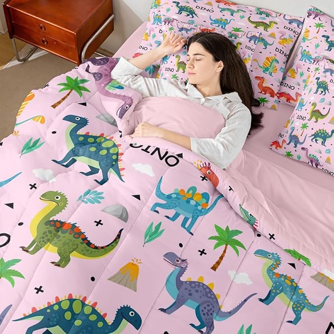 Feelyou Kids Cartoon Dinosaur 7 Piece Bedding Set Pink Colorful Dinosaur Comforter Set with Sheets for Boys Girls Jungle Dino Bed in a Bag Animal Theme Bed Set Soft Lightweight
