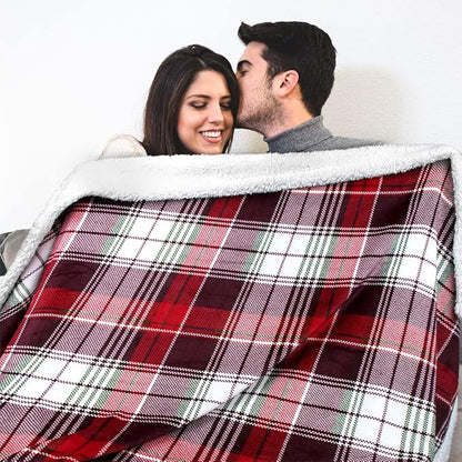 PAVILIA Red Green Christmas Plaid Sherpa Throw Blanket, Holiday Fleece Blanket 60" x 80", Soft Flannel Plush Throw for Couch, Sofa & Bed, Festive Winter Home Decor, Cozy